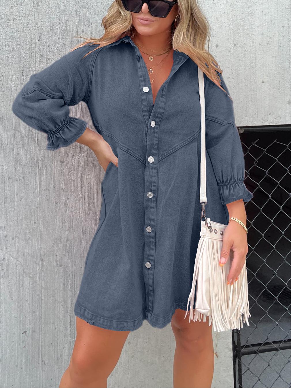 GWYNETH™ | HIGH STREET FASHION DENIM DRESS WITH PUFF SLEEVES