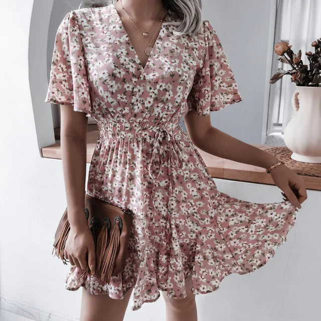 FLEUR™ | PLEATED V-NECK WITH RUCHED WAIST FLORAL MINI DRESS