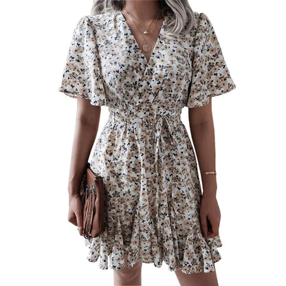 FLEUR™ | PLEATED V-NECK WITH RUCHED WAIST FLORAL MINI DRESS