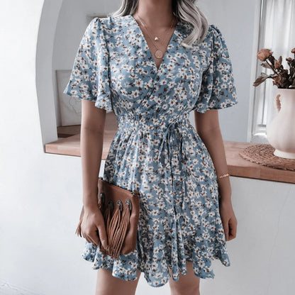 FLEUR™ | PLEATED V-NECK WITH RUCHED WAIST FLORAL MINI DRESS