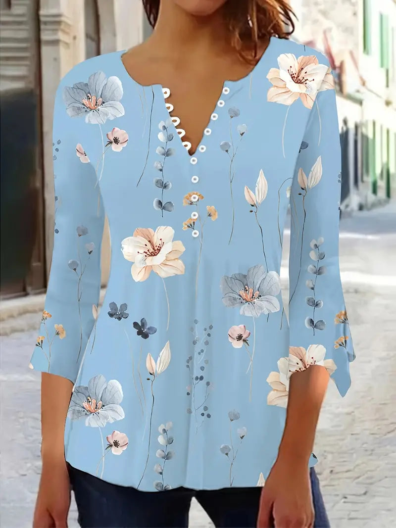 BRIANNA™ FLORAL PRINT BUTTON FRONT T-SHIRT