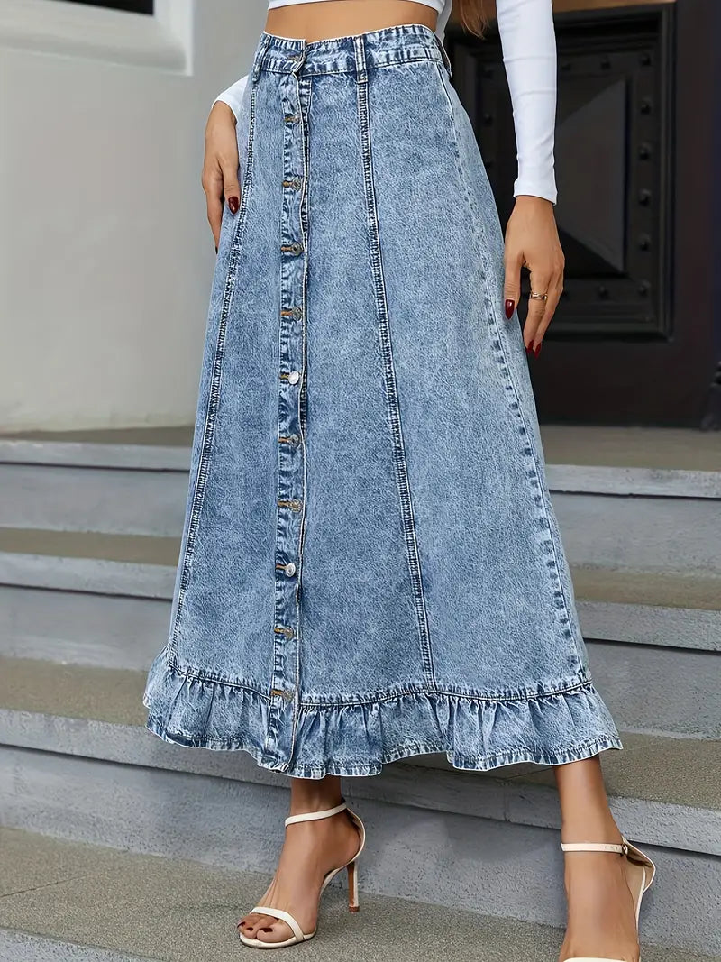 REENE™ CLASSIC BLUE RUFFLE HEM DENIM MIDI SKIRT