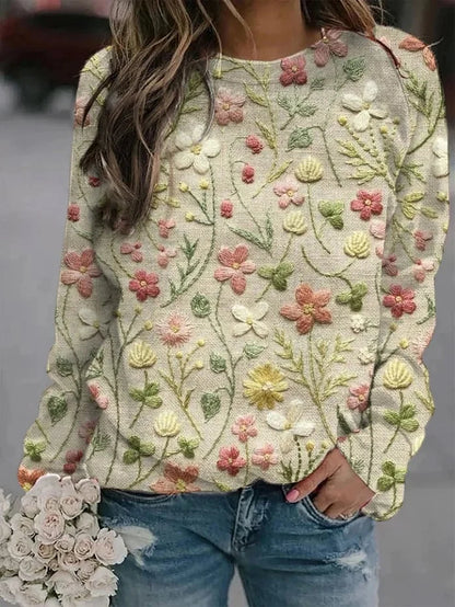 ADRIANA™ FLORAL EMBROIDERY LONG SLEEVE SWEATSHIRT