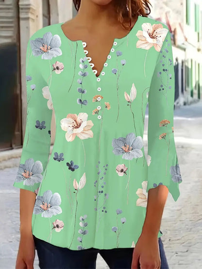 BRIANNA™ FLORAL PRINT BUTTON FRONT T-SHIRT