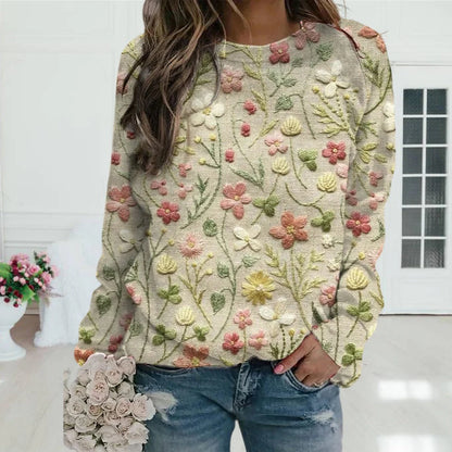 ADRIANA™ FLORAL EMBROIDERY LONG SLEEVE SWEATSHIRT