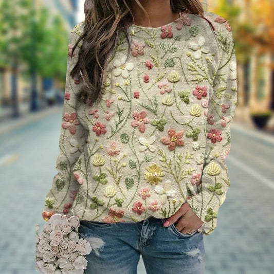 ADRIANA™ FLORAL EMBROIDERY LONG SLEEVE SWEATSHIRT