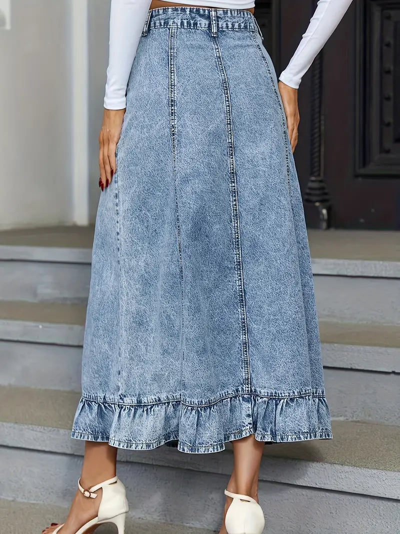 REENE™ CLASSIC BLUE RUFFLE HEM DENIM MIDI SKIRT