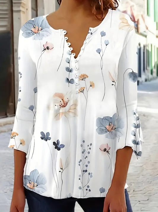 BRIANNA™ FLORAL PRINT BUTTON FRONT T-SHIRT